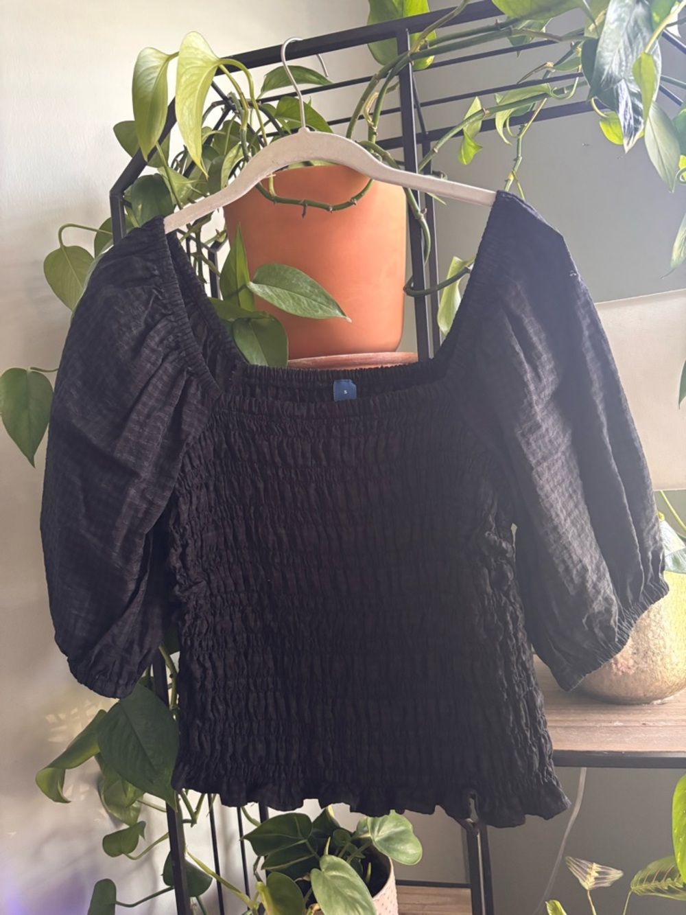 Old Navy Black Smocked Square-Neck Puff Sleeve Blouse